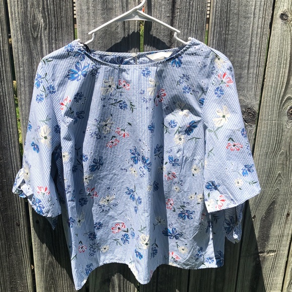 H&M Blue Floral Stripe Short Sleeve Blouse - Picture 2 of 8